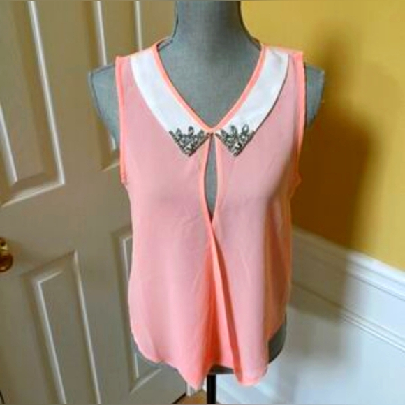 Iris Pink Collared Sheer Beaded Tank Top S Like New - Picture 2 of 8